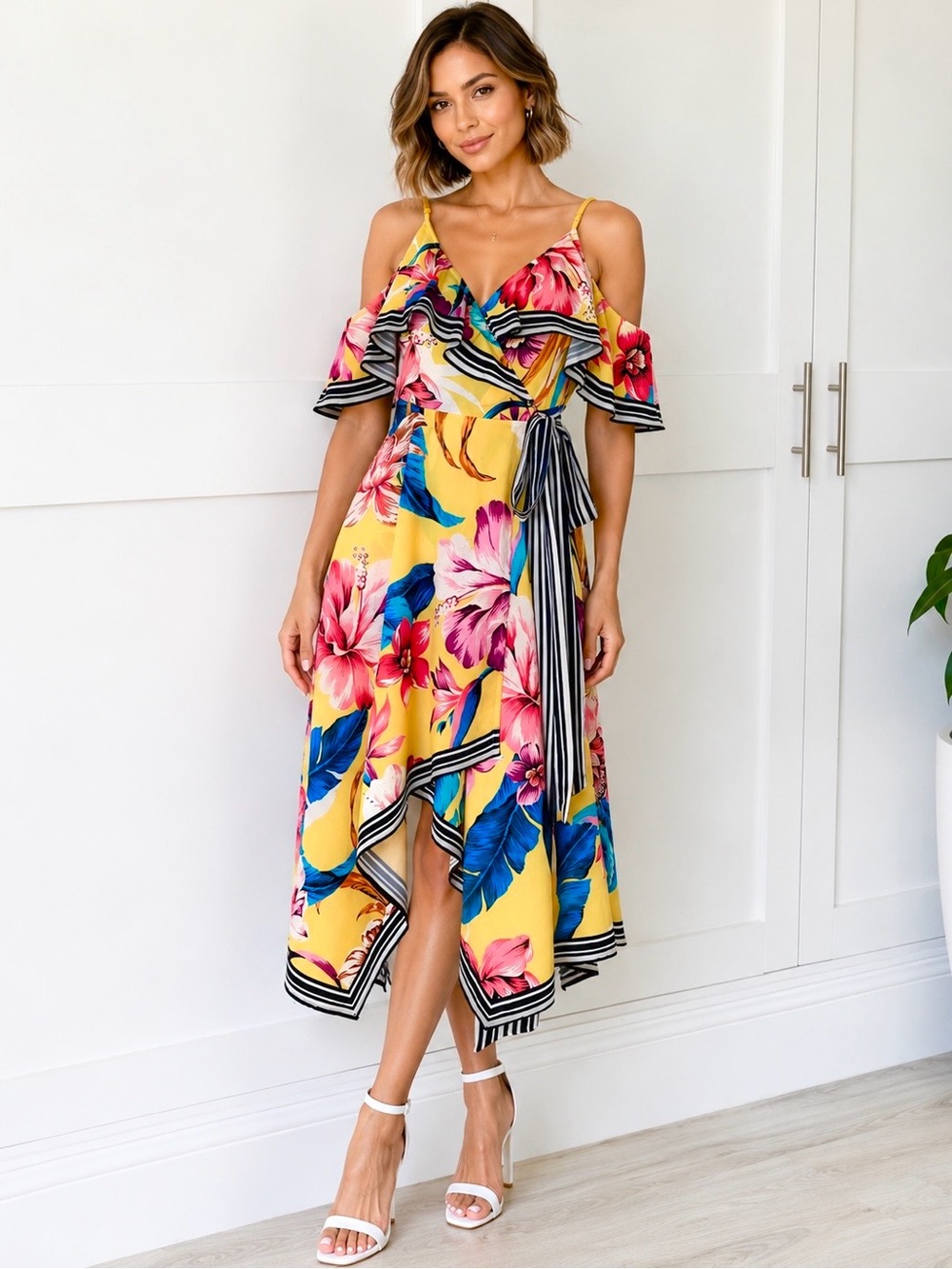 Fashion Nova Wrap Tropical Crepe Dress Cold Shoulder Asymmetrical Hemline